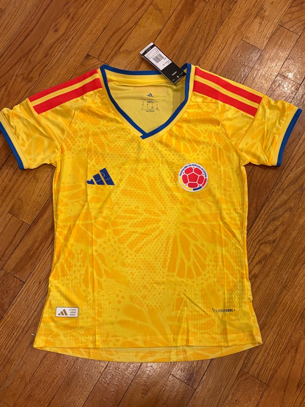 adidas Yellow Colombia Soccer Jersey with Red & Blue Accents L